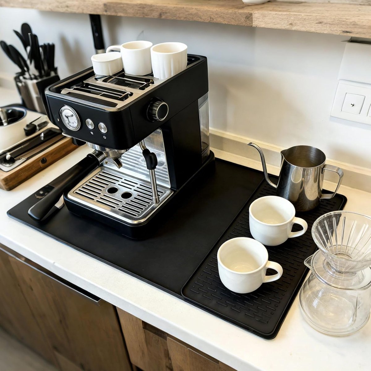 2-in-1 siliconen koffiematset met koffiemachineborstel, 60 x 40 cm spoelmat + 40 x 19 cm droogmat, verhoogde randen - ShopVlot