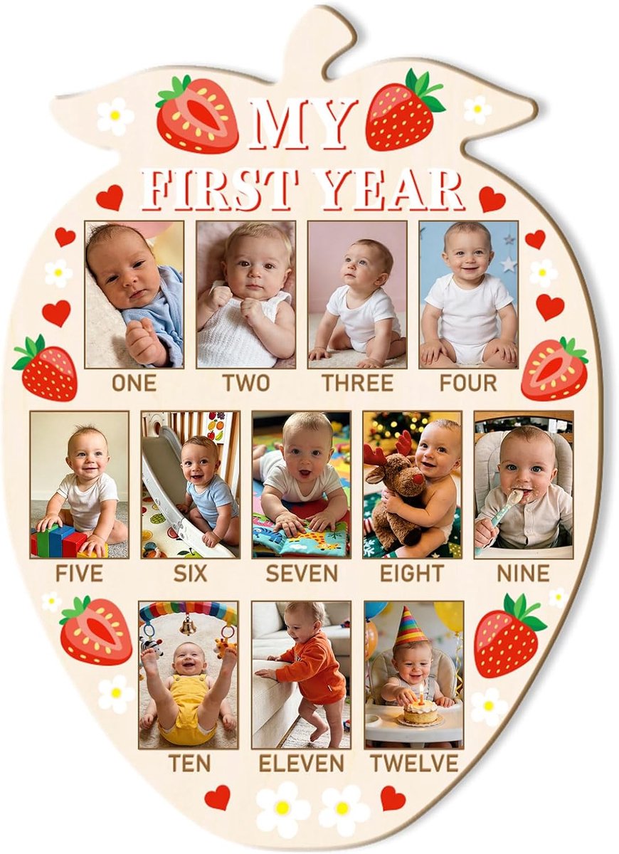ORIGACH Strawberry Shape My Freshman Baby Growth Picture Display Board, 12 Months Newborn Milestones Wood Keepsake - ShopVlot
