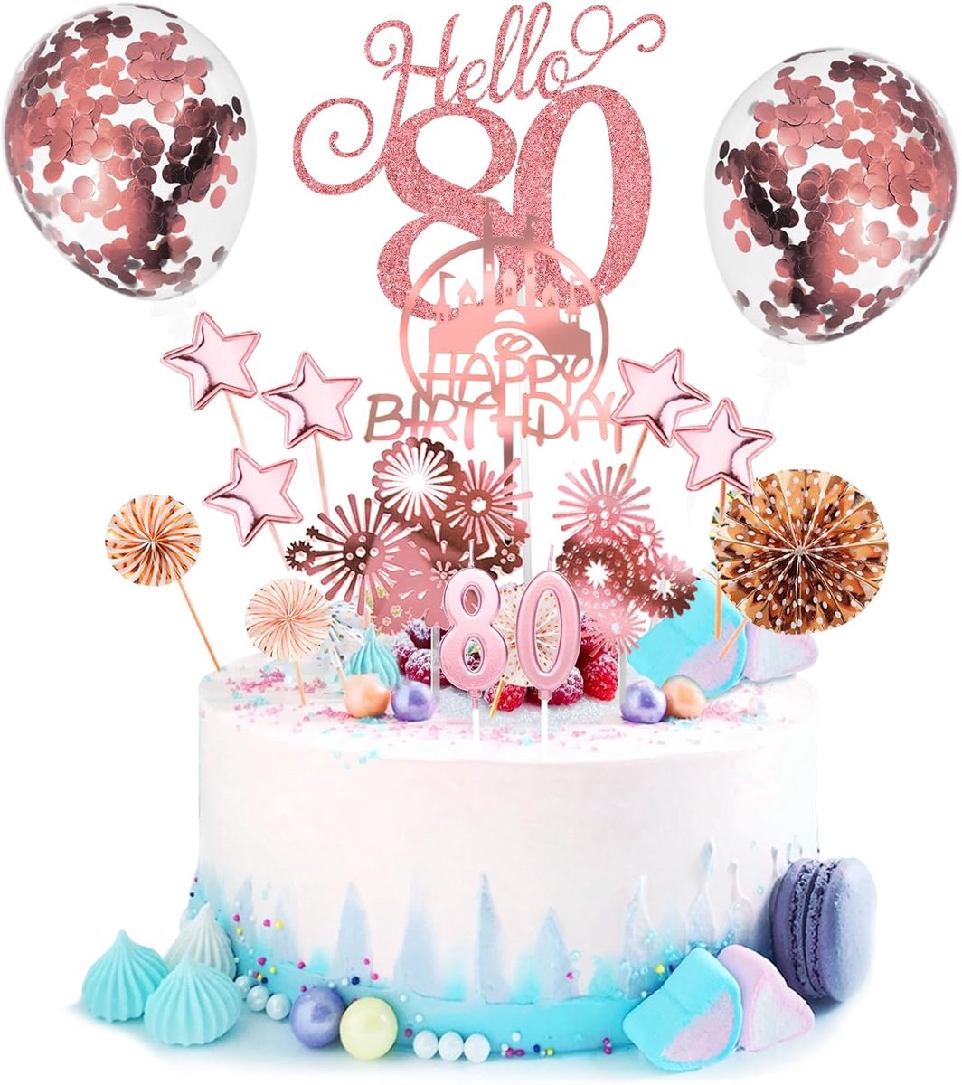 Birthday Cake Decoration, 17 Pieces, 80 Pieces, Happy Birthday, Decoration, Merry (Rose Gold) - ShopVlot