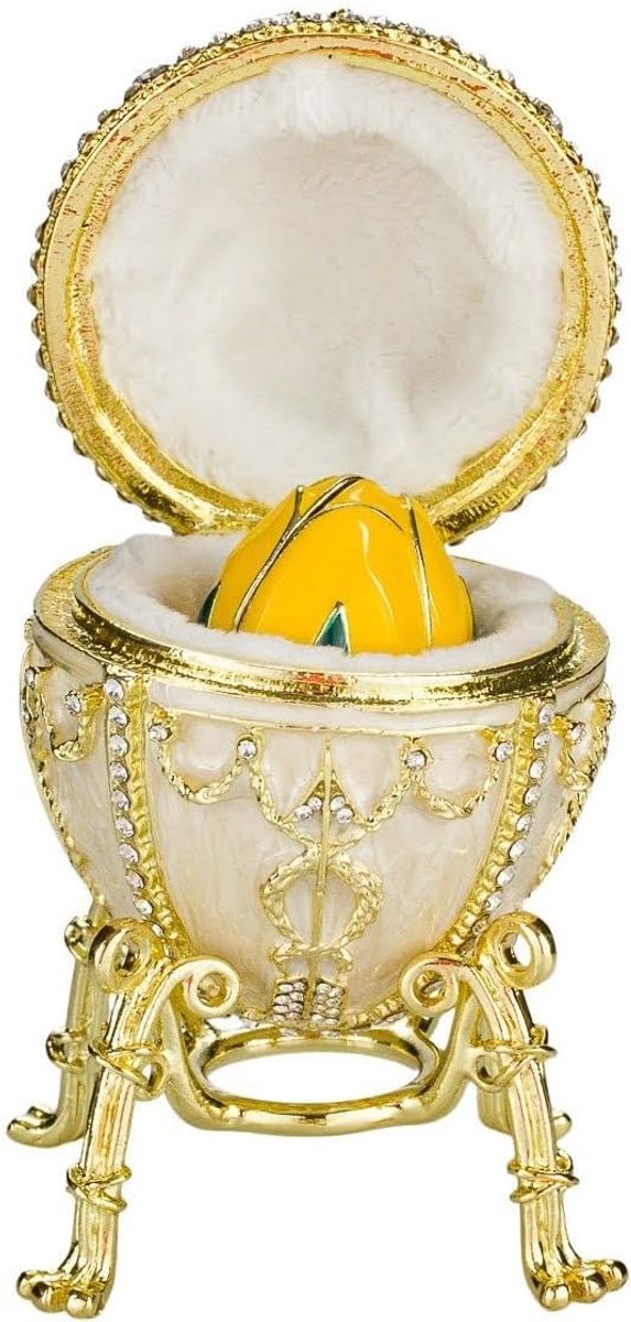 danila-souvenirs Faberge Style Rose Bud Egg Jewelry Box Jewelry Box with Flower 9.5cm Cream - ShopVlot