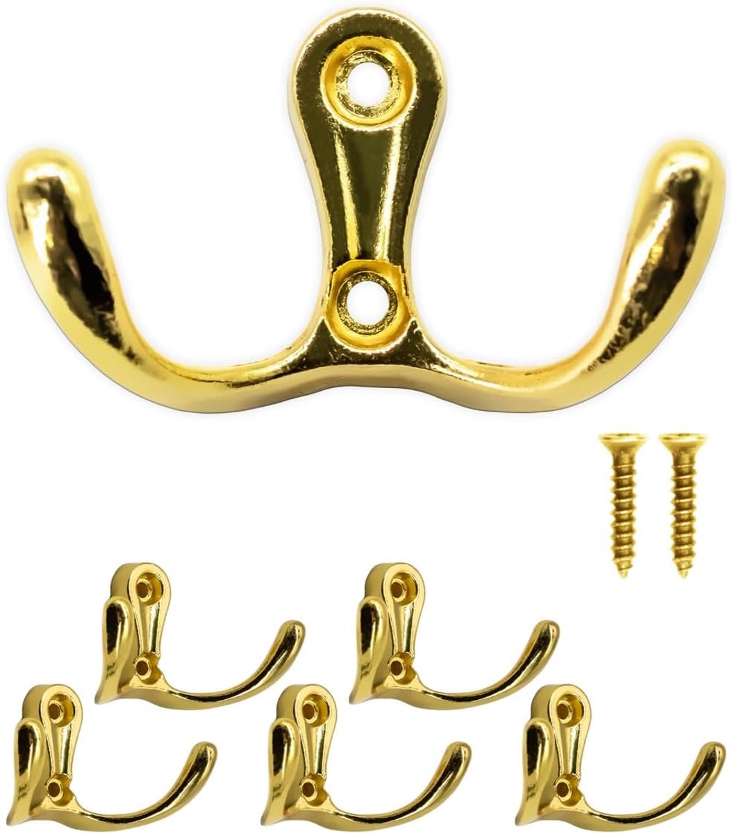 Haken set van 5 - klassieke dubbele haken - messing goud - perfect voor jassen en handdoeken - ShopVlot