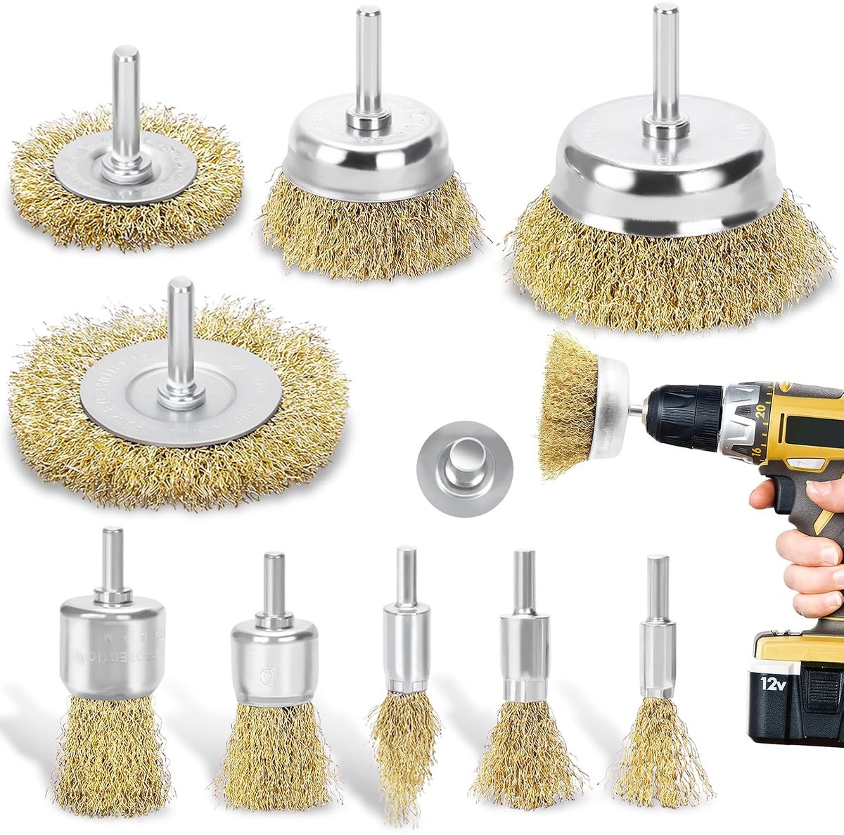 SnelShoppen - 9-delige Metaalborstelset voor Boormachine - Circulaire Schuurmachine met 1/4 Inch Schacht - RVS, Roest, Verf Verwijdering - Duurzaam en