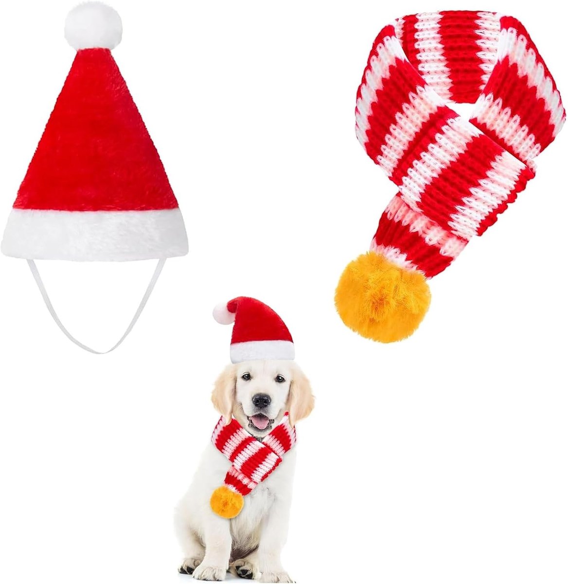 Kerstkostuum set voor kleine honden en katten met rode en witte fluffy hoed en sjaal voor feestelijke fotoshoots en cadeauverpakkingen