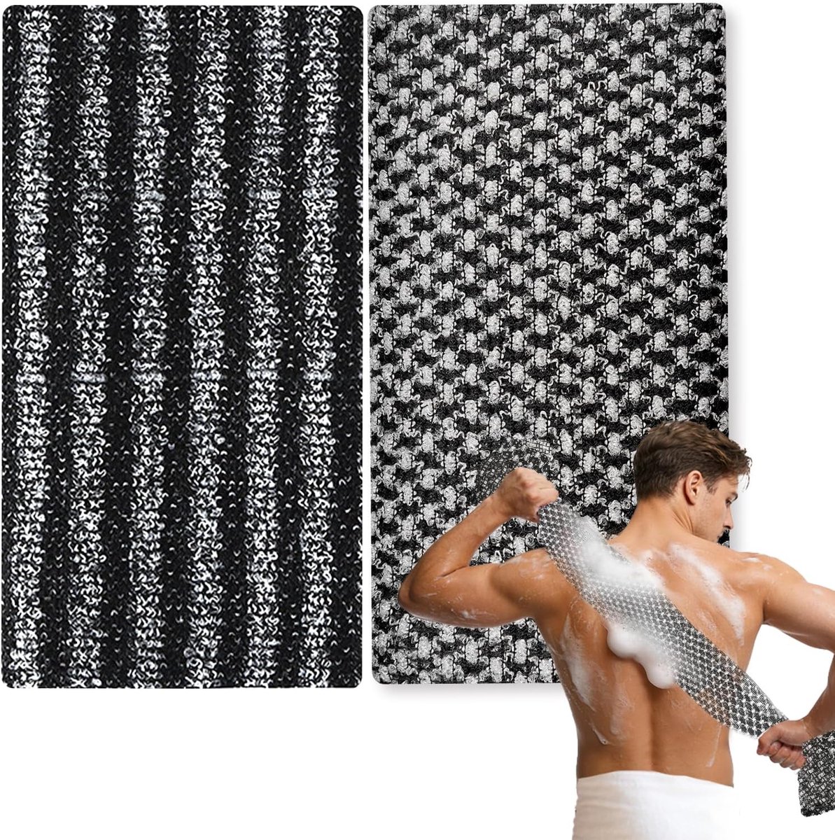 Exfoliërende douchehanddoeken 25x100cm - 2 stuks mesh-stripes - Zwart - Voor milde huidschilfering - ShopVlot