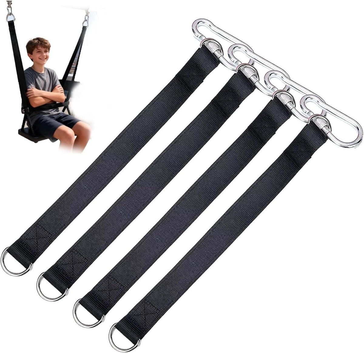 Set voor Hangschommel - Schommelbevestigingsriemen met D-ringen en Karabijnhaken - 4 Stuks van 29 cm - Stevige Nylon Riemen - Voor Tuin, Balkon en Buiten - Eenvoudig te Installeren en Duurzaam