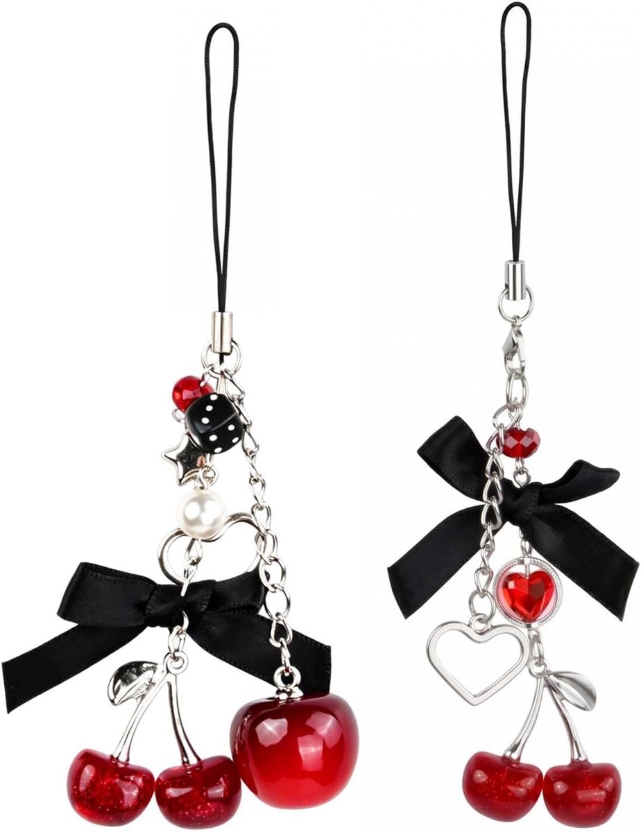 Telefoonhangers 2 stuks - Schattige kers - Esthetisch zwart - Voor camera en tasdecoratie - ShopVlot