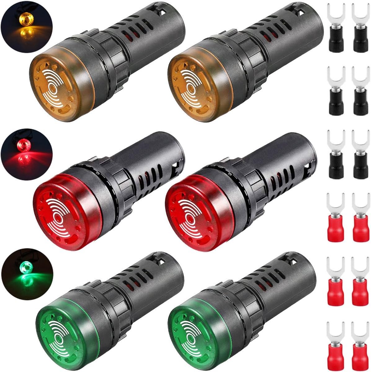 6pcs LED Buzzer 22mm 12V VDC LED Buzzer Alarm Flash Signal Indicator Light Red Green Yellow Premium Sharp Sound - ShopVlot