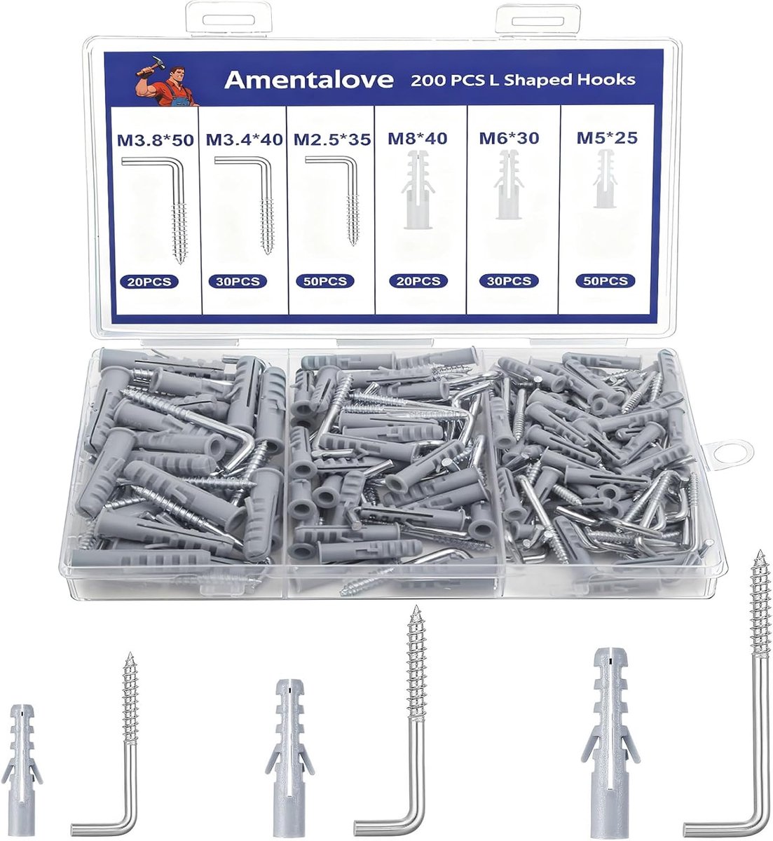 200pcs Screw Hooks L Shape Wall Hooks for Screw, 3 Sizes L Hooks Hook Screws with Extension Tube, White L Screw Hooks - ShopVlot