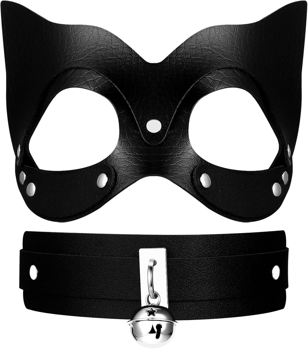 Cupimatch Cat Fox Leather Mask Collar Black PU Leather Half Face Mask Choker Set Mysterious Cat Ears Rivet Mask Collar - ShopVlot