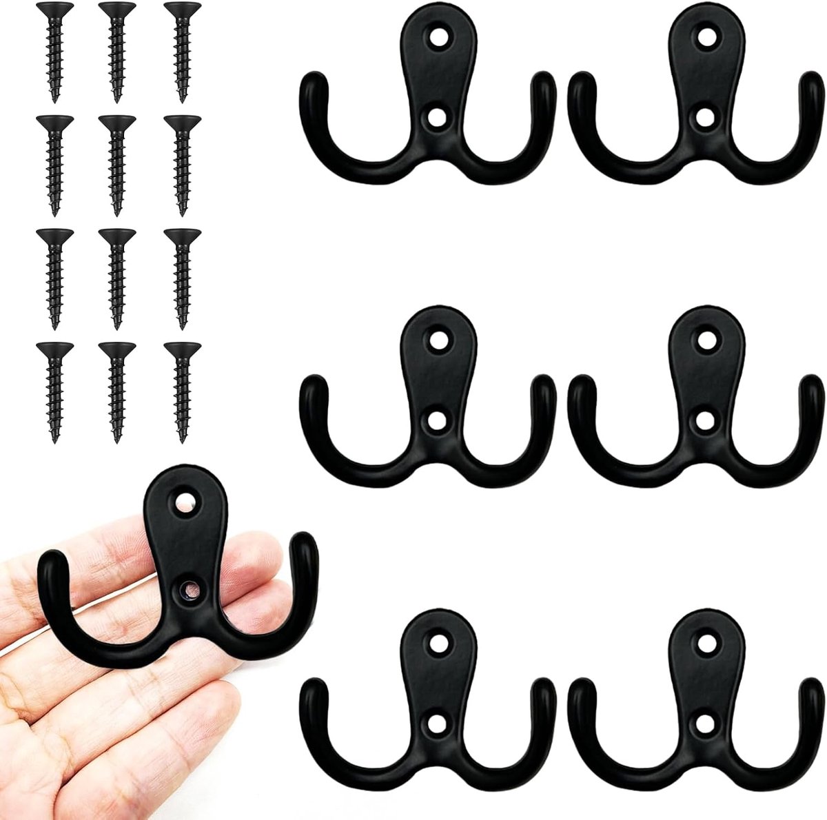 Pack of 6 Black Wall Hooks Kids Clothes Hooks with 12 Screws Double Hooks Small for Coat Towels Backpack Hat Keys - ShopVlot