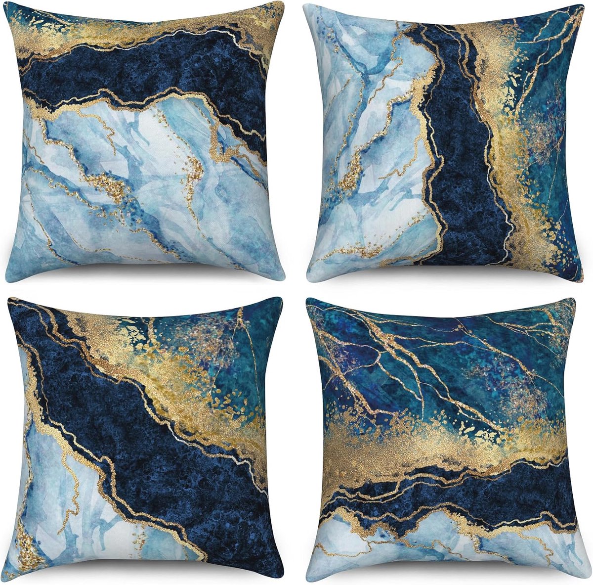 Set van 4 kussenslopen van 40 x 40 cm, donkerblauw, goud, kleurverloop, moderne marmerkunst, kussenslopen met - ShopVlot
