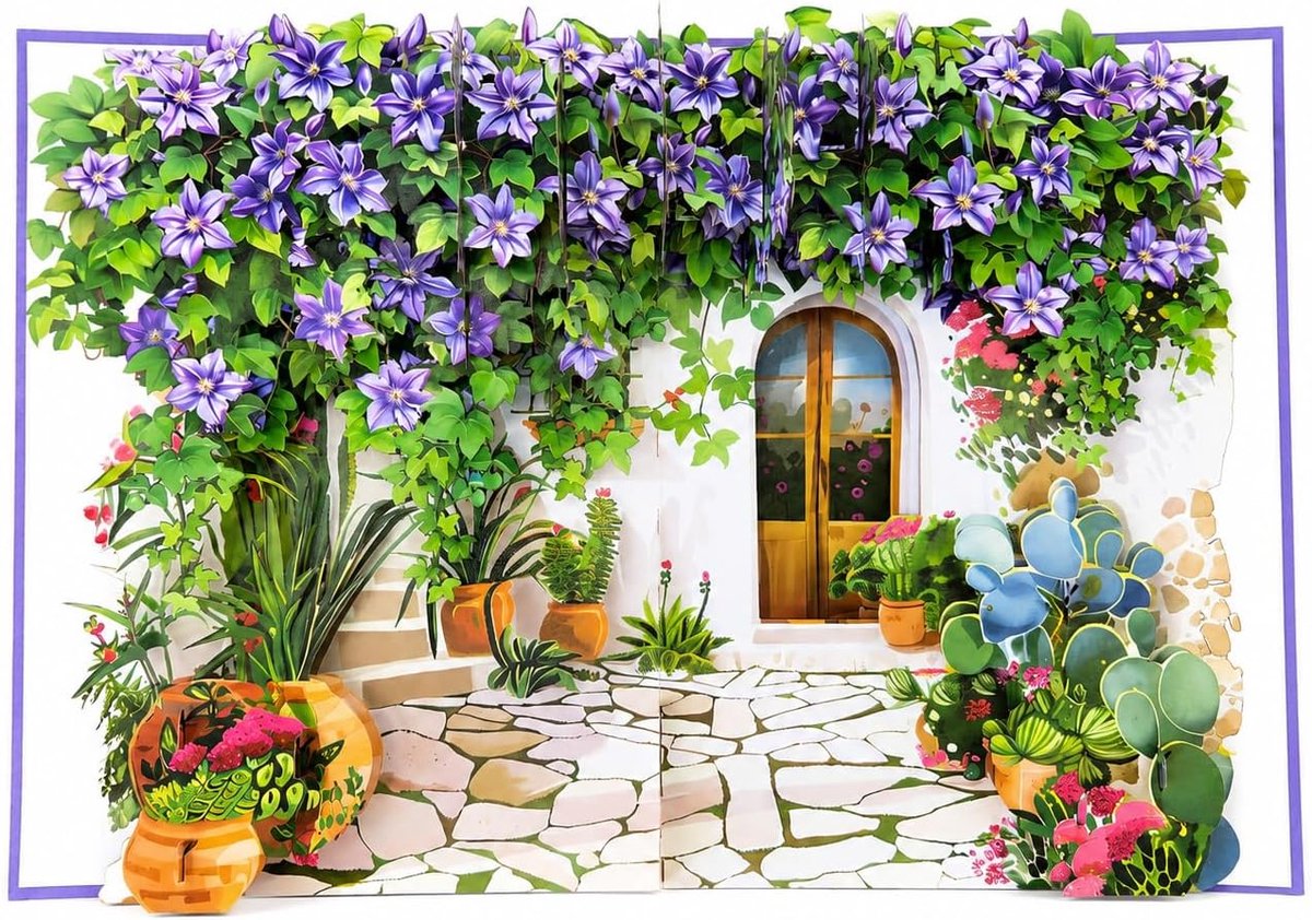 3D pop-up wenskaart mediterrane binnenplaats met blauwe bloemen en terracotta potten, geopend 30 x 20 x 9 cm - ShopVlot