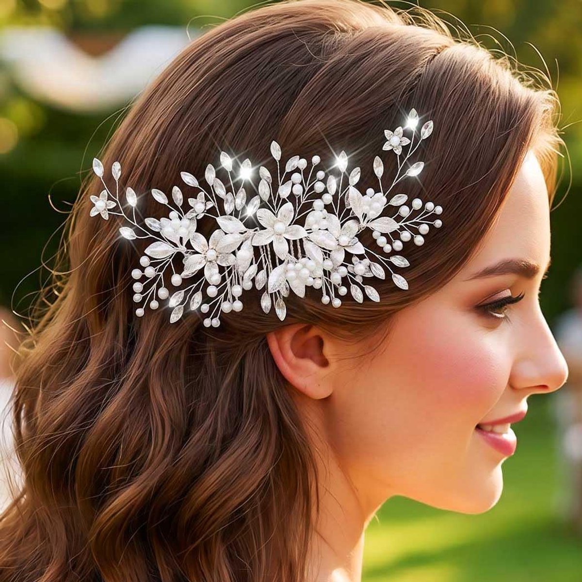 IYOU Bruids Bruiloft Haar Kam Zilveren Bloem Bruid Hoofddeksel Strass Haaraccessoires voor Vrouwen - ShopVlot