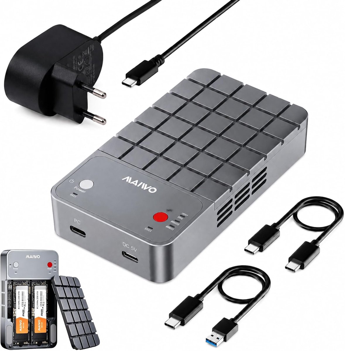 Dual Bay behuizing voor M.2 NVMe SSD - aluminium - 20Gbps overdrachtssnelheid - ideaal voor 8K-videobewerking - ShopVlot