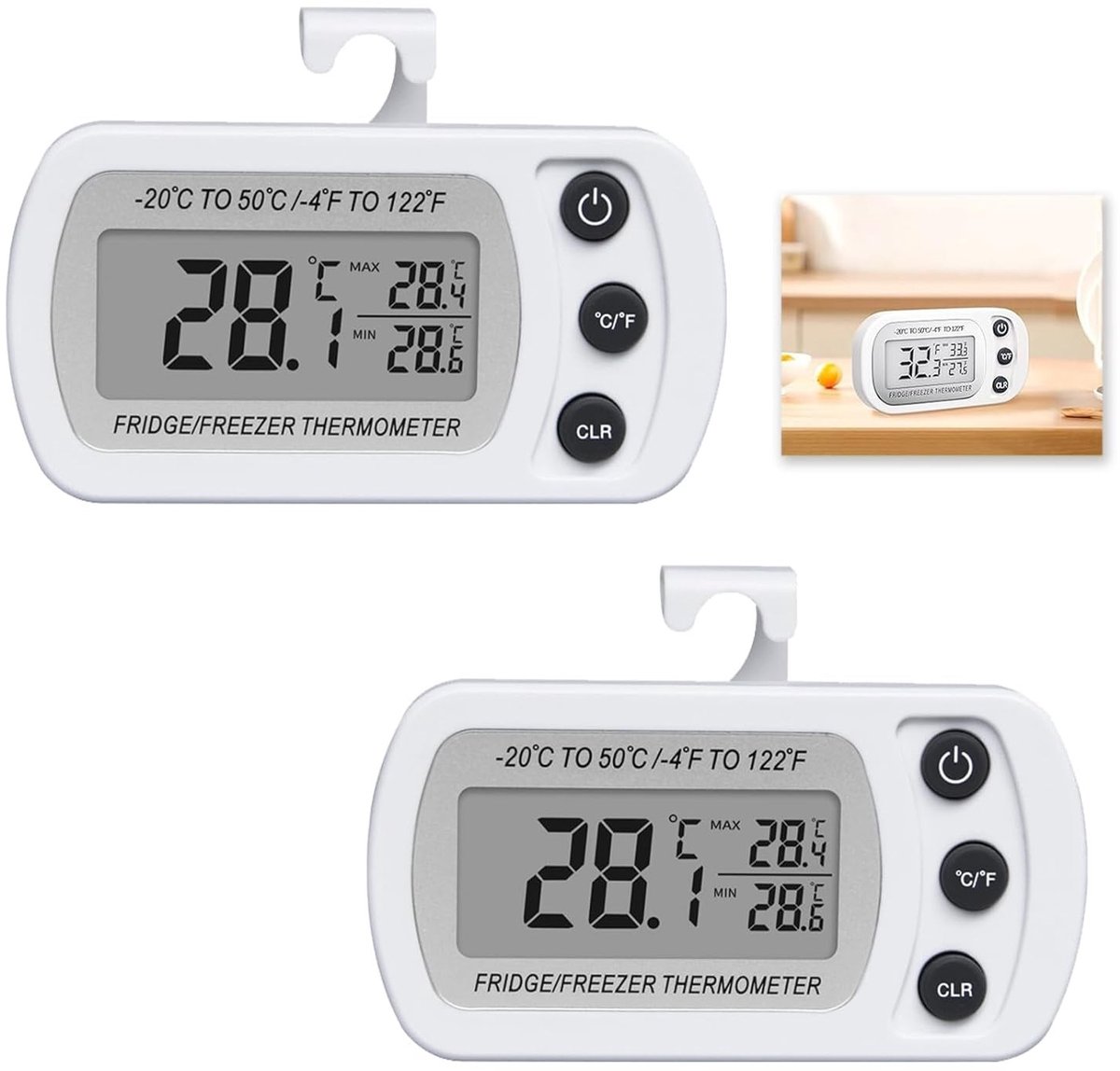 Digitale Koelkastthermometer Set van 2, Mini Temperatuurmeter voor Koelkast en Vriezer met Groot LCD Scherm en Max/min Functie, Meetbereik -20°C tot 50°C
