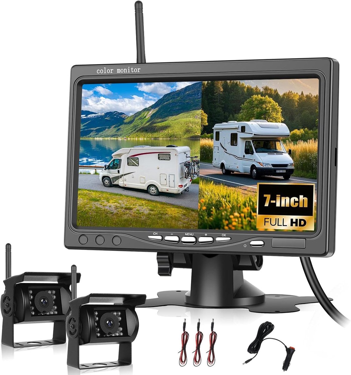 Achteruitrijcamera draadloos HD 7 inch - 1080P resolutie - 2 camera's inbegrepen - ideaal voor caravan en vrachtwagen - ShopVlot