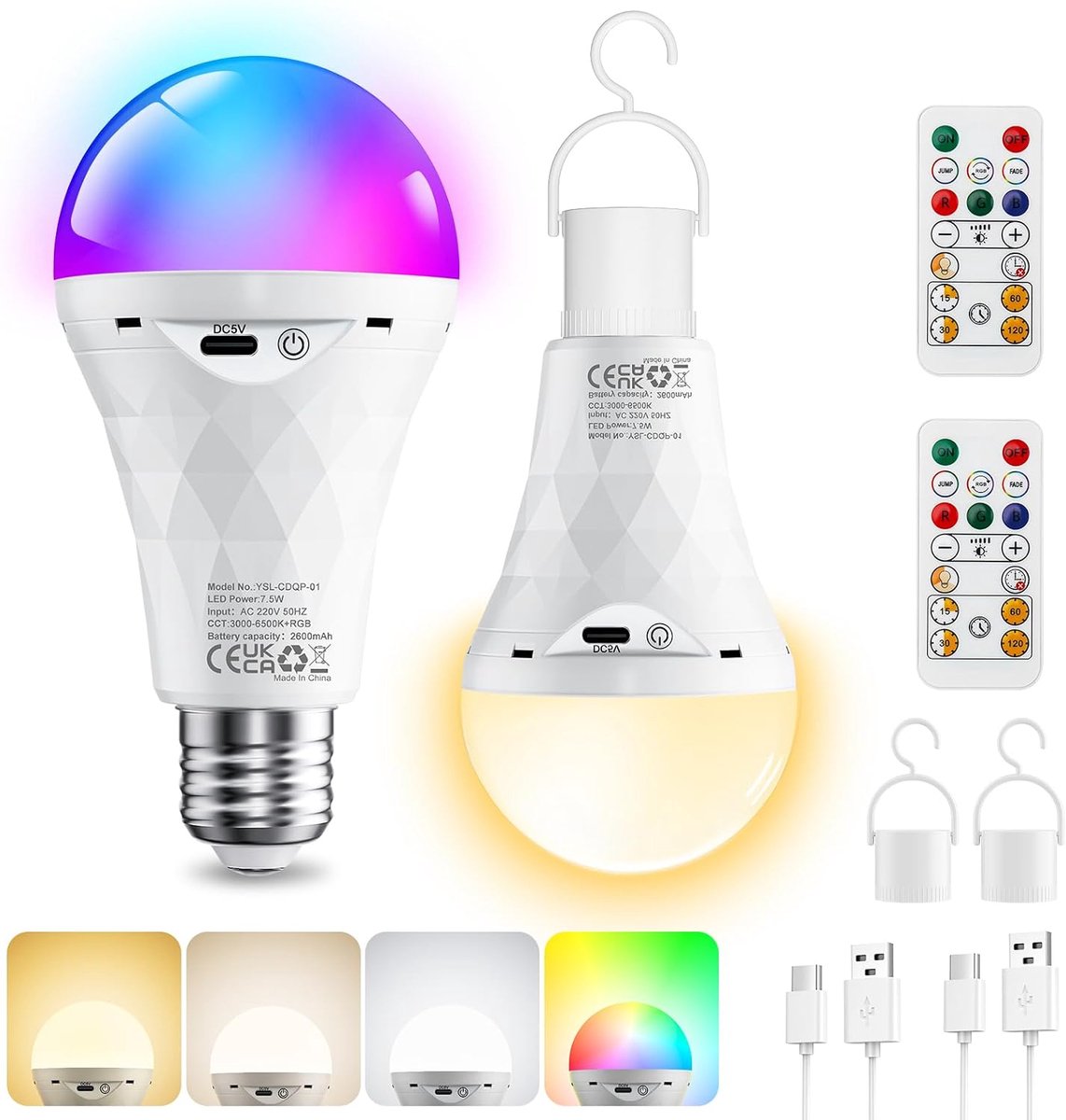 LED Light Bulb E27 RGB Battery Powered with Remote Control, 2 Pieces, 2600 mAh, Dimmer Camping Lamp, Timer, USB - ShopVlot