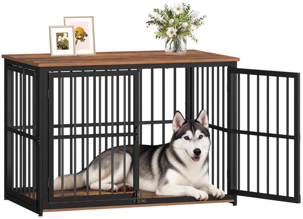 Hzuaneri Houten Hondenbench Meubel, 100 x 60 x 70 cm, Bruin en Zwart,3 Deuren en Verstelbare Zijdeur, Hondenbench Voor Binnen