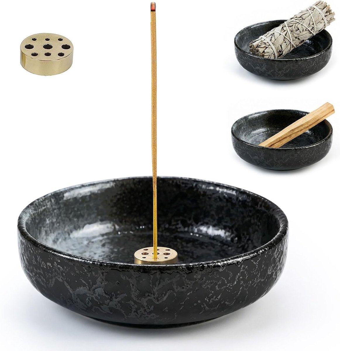 Wierookhouder keramiek met negen gaten - wierookschaal met messing houder voor wierookstokjes, stokjes - ShopVlot