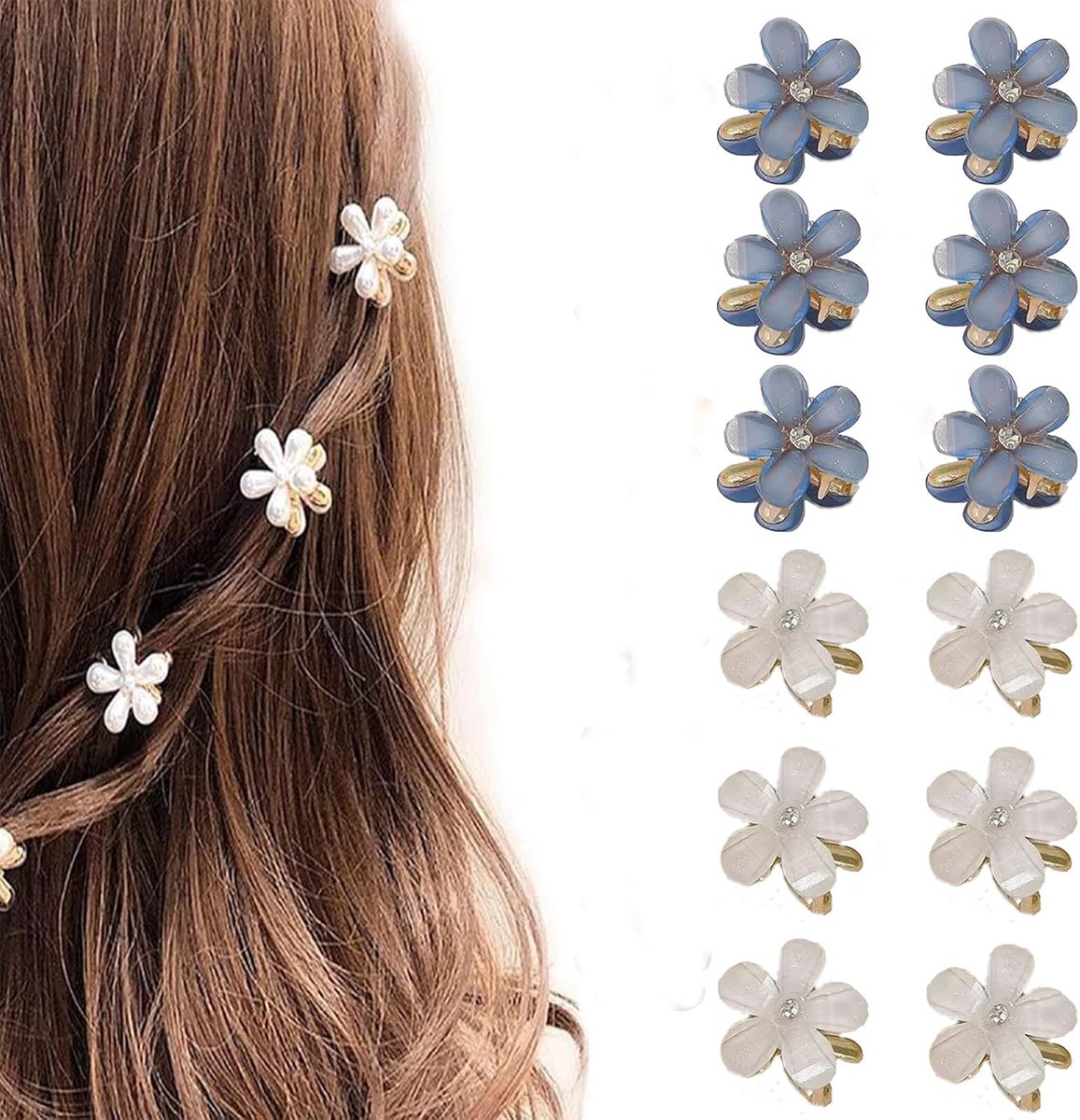 Mini Diamond Hair Clips Set, 12 Pieces, Floral Pattern for Women and Girls, Cute Hair Accessories, Ideal for Photos - ShopVlot