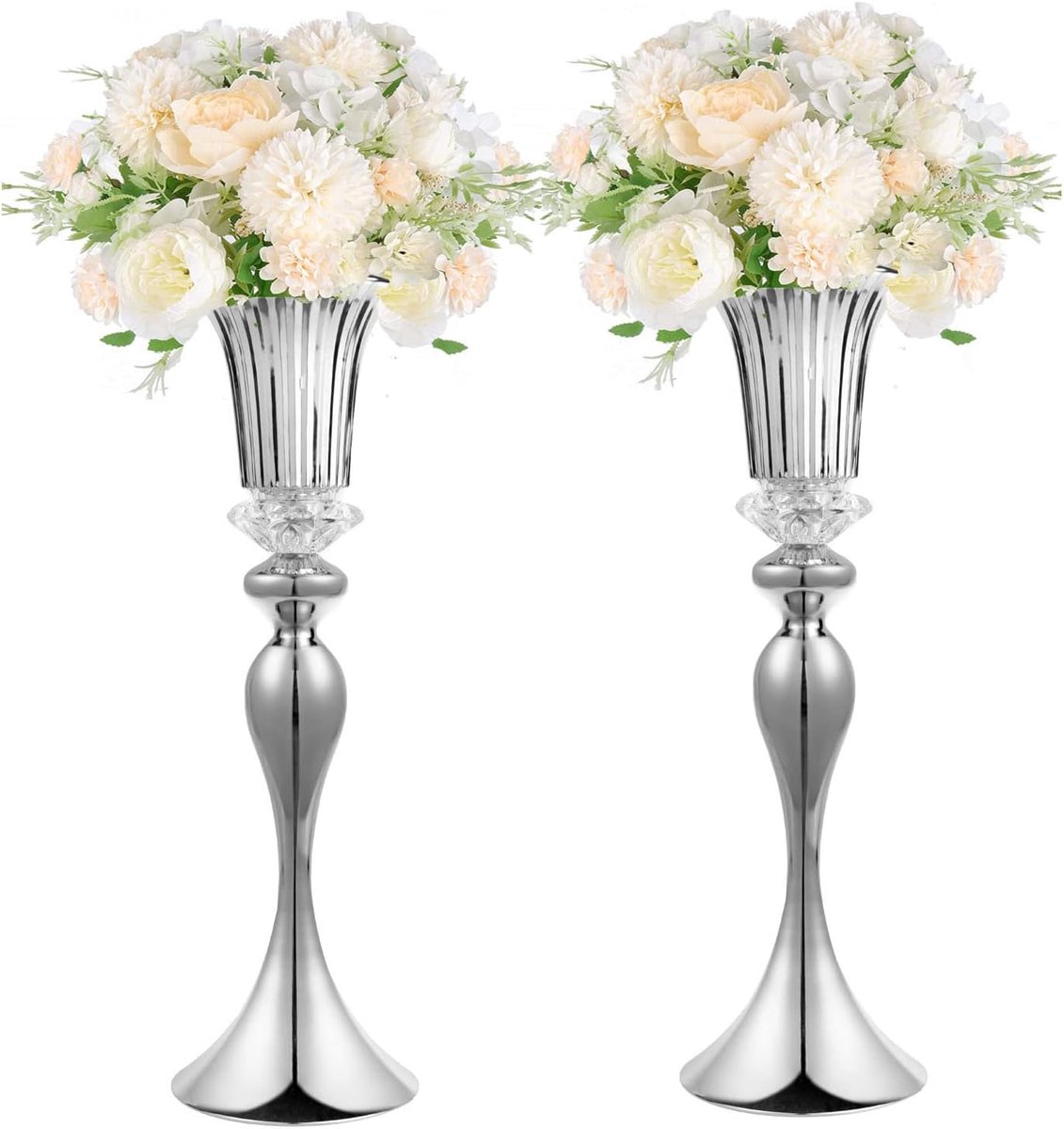 Silver Metal Trumpet Vase, 22 Inch Wedding Reception Centerpiece, Set of 2, with Crystal Bead for Home Decoration - ShopVlot