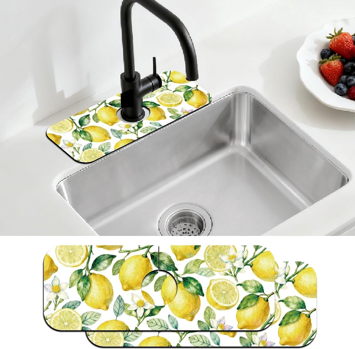 2 Stks Aanrecht Splash Guard Kraan Mat Citroen Patroon Kraan Mat voor Gootstenen Fruit Absorberende Droogmat voor - ShopVlot