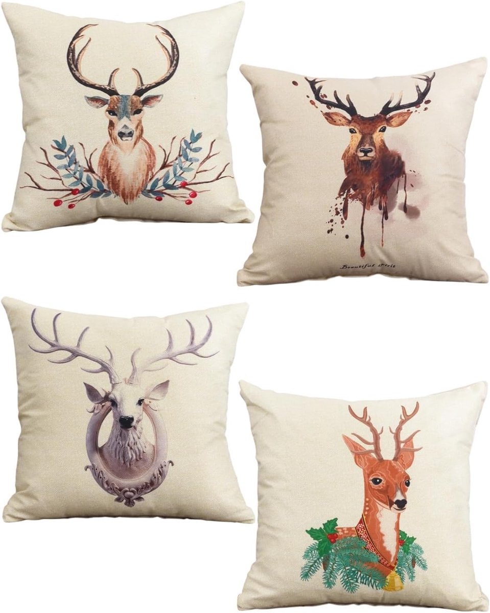 Set of 4 Polyester Linen Decorative Pillowcases Sofa Bed House Car 45 x 45 cm Pillow Filling Not Included (Deer) - ShopVlot