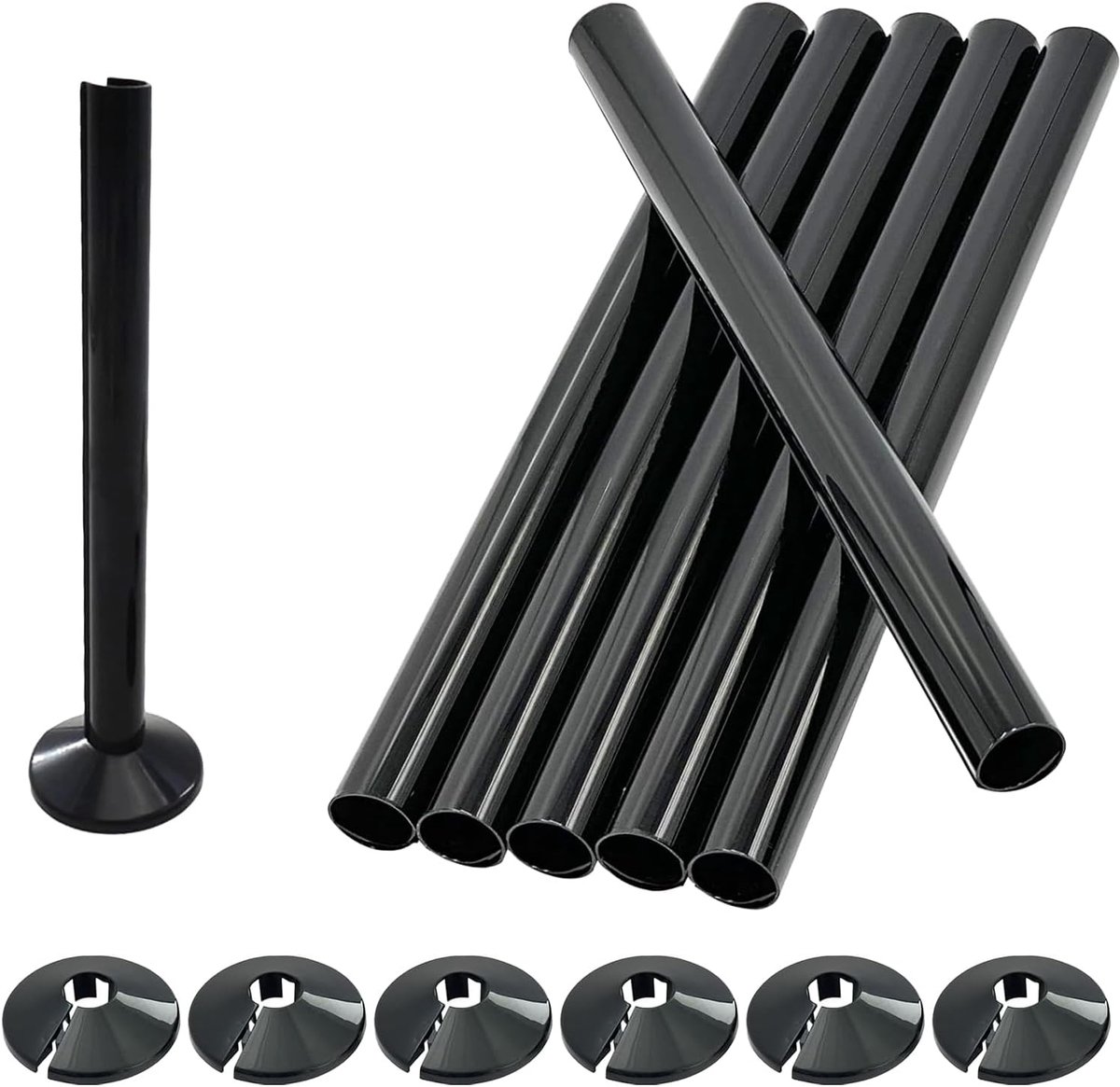 Black radiator pipe covers and collars, 6pcs 200mm x 15mm pipe covers, 6pcs 15mm pipe collars - ShopVlot