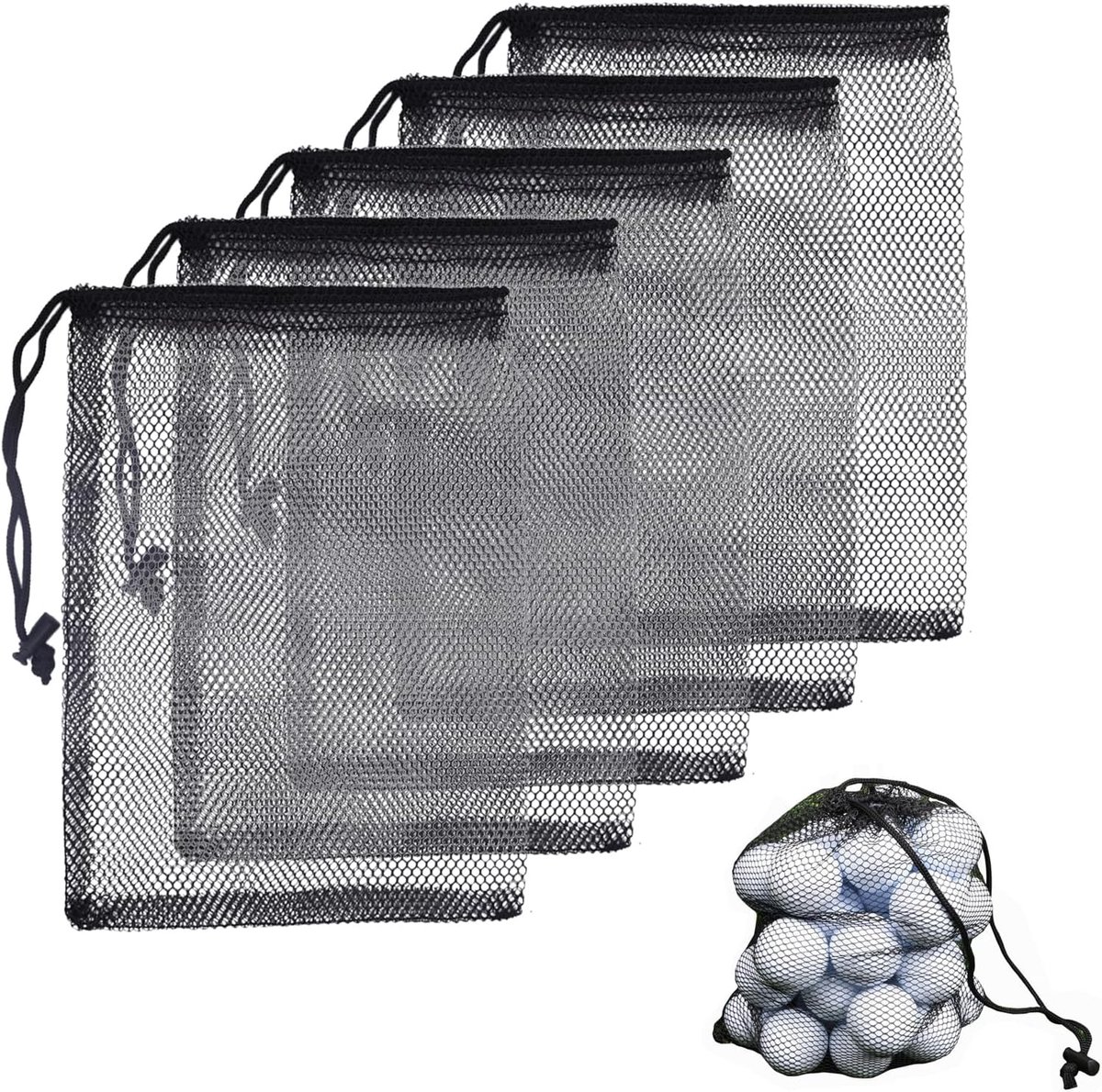 5pcs Black Mesh Bag, Mesh Ball Bag with Drawstring, for Pool Toys, Collecting, Golf Ball, Tennis - ShopVlot