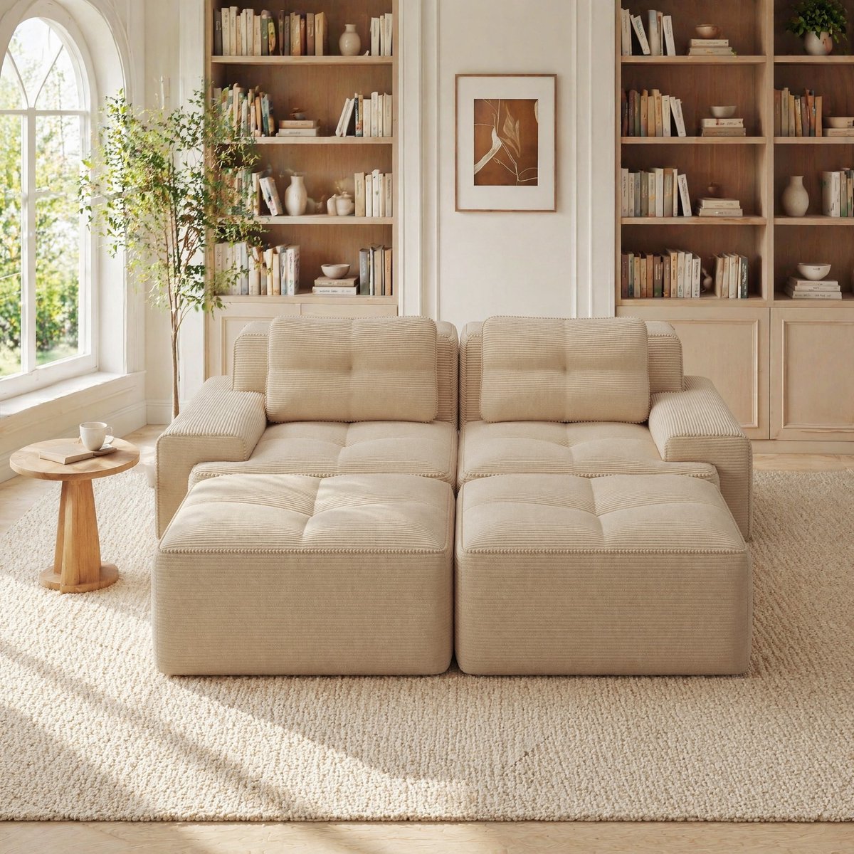 DESMIU Bank - U-Bank 2-Zits Met Ottoman - Modulair Met Diepe Zitting En Zachte Zitting - Voor Woonkamer En Lounge - Corduroy - Beige