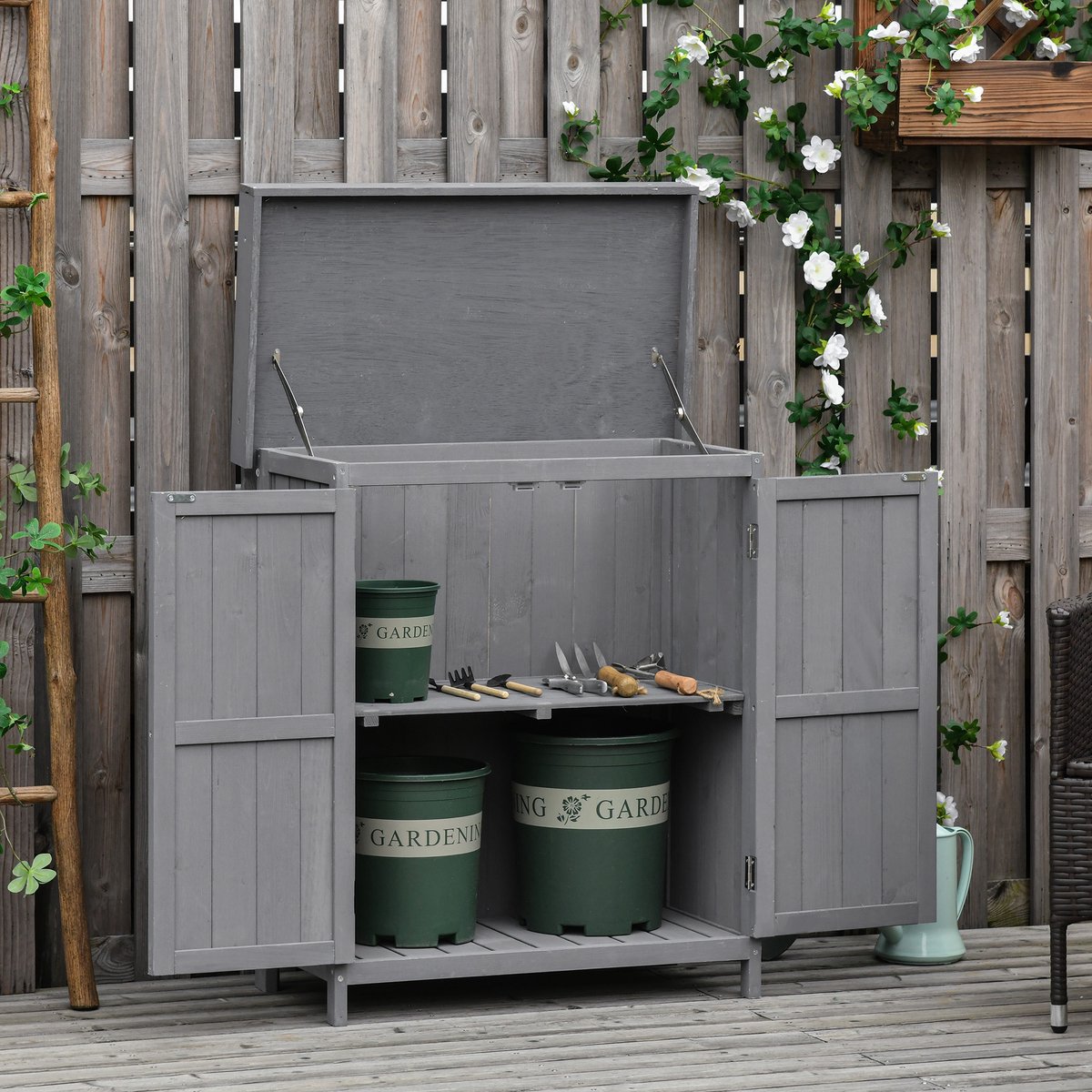 DESMIU Gartenschrank – Ruime Opbergkast Met 2 Vakken En Dubbele Deur – 74 X 43 X 88 Cm – Hout – Donkergrijs – Voor Tuin, Garage En Balkon