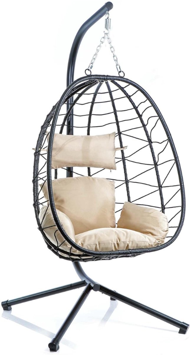 QUOVO® Hangstoel Cocoon - Egg Hangstoel – Hang Stoel Met Standaard – Egg Chair Inclusief Kussens – Voor Binnen Of Buiten – Hangstoelen – Gewicht tot 130 Kg - Zwart - 95cm x 98cm x 1cm