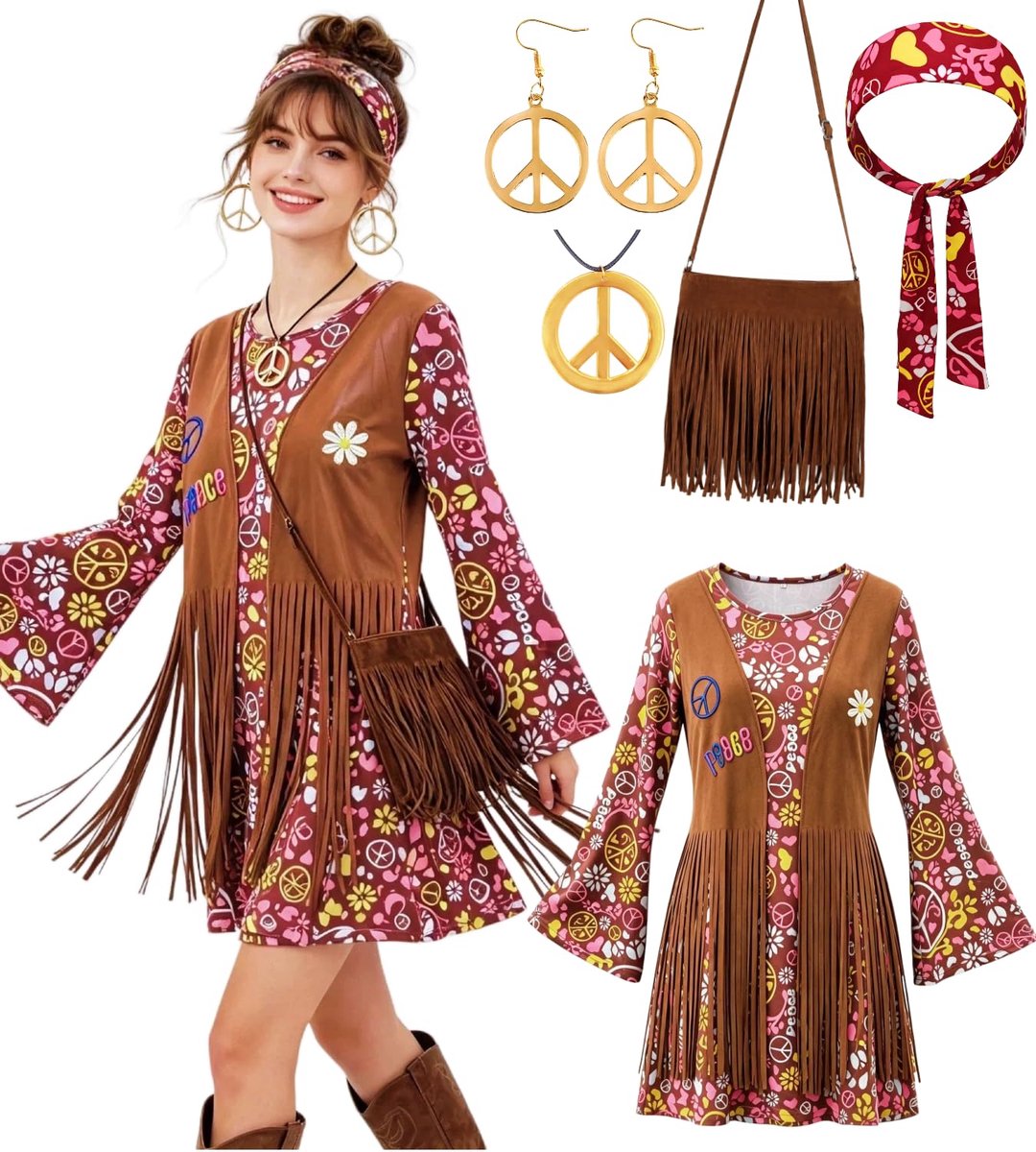 kasahara Hippiekostuum voor dames, jurkset met franjes, crossbody tas, accessoires, jaren 70-outfit, cowgirl, boho - ShopVlot