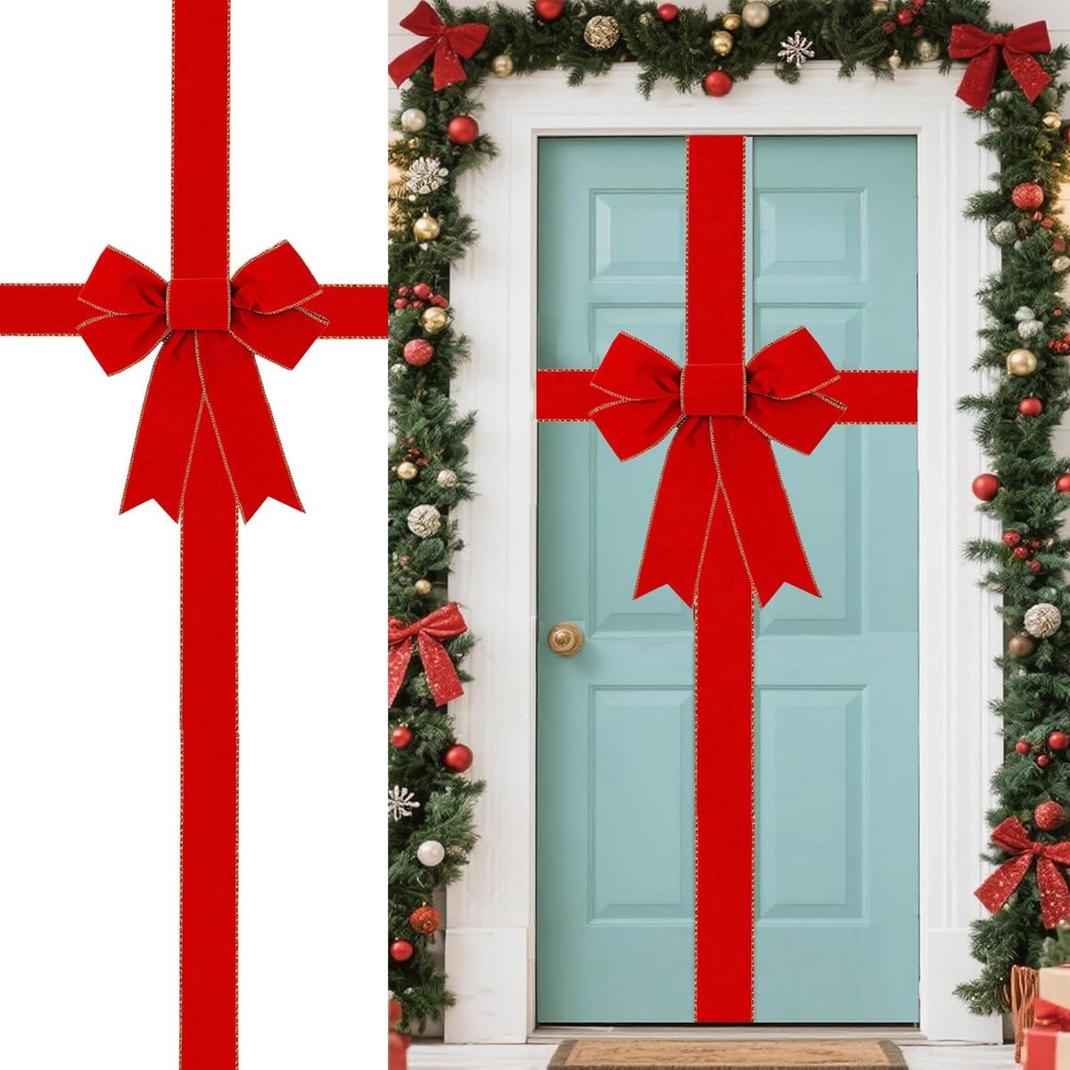 Red Christmas Bows for Cabinet Doors, Large Velvet Christmas Bows 4.3 x 2 m Cabinet Bows Christmas Door Bow Decoration - ShopVlot