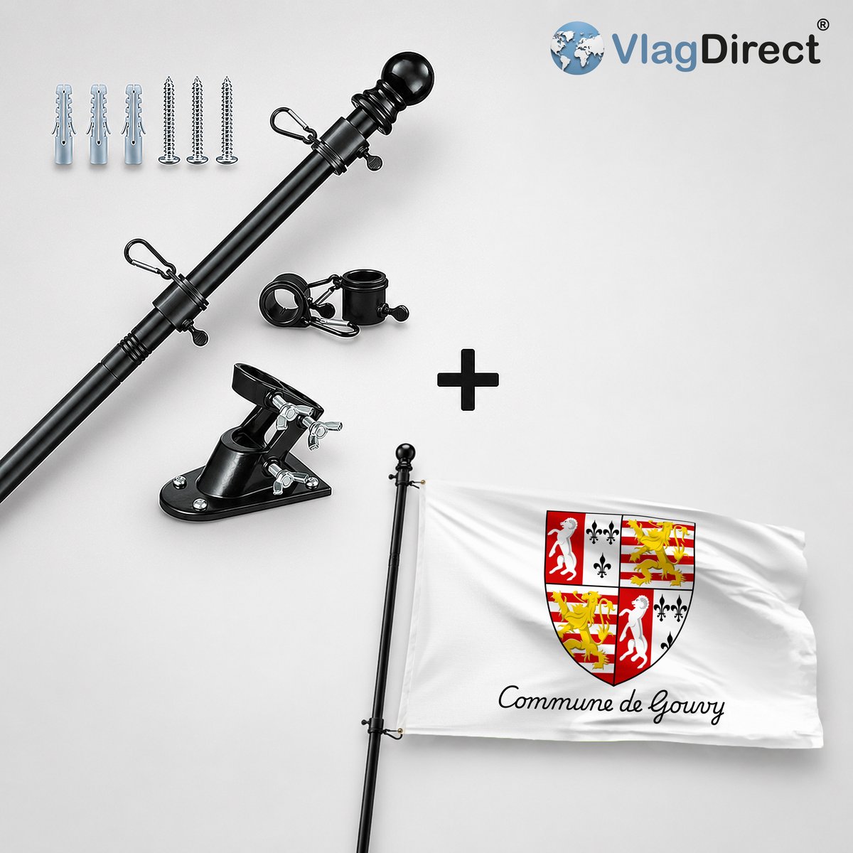 VlagDirect - Compleet vlaggenpakket - Zwarte vlaggenstok inclusief vlaggenstokhouder + Gemeente Gouvy vlag - 90 x 150 cm.