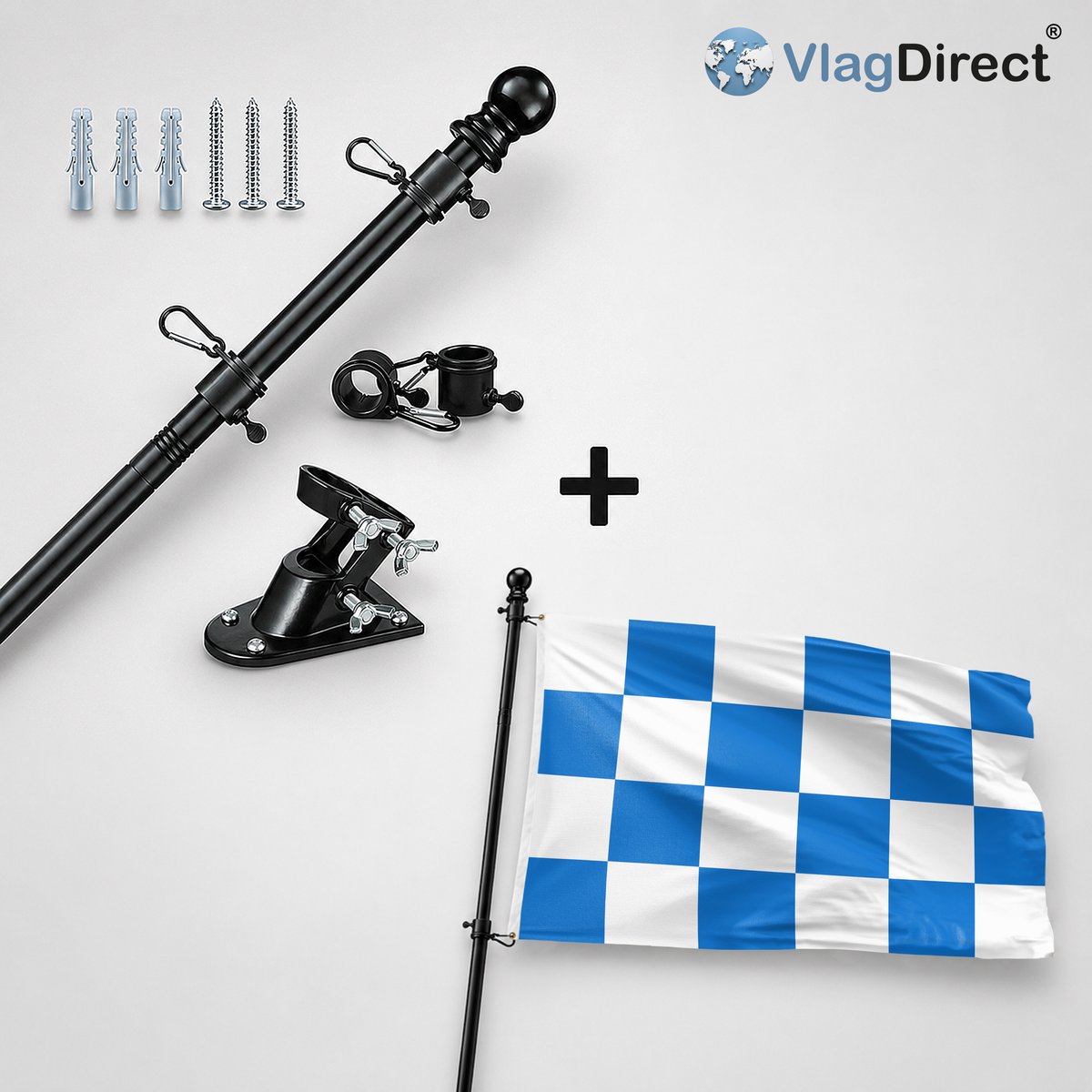 VlagDirect - Compleet vlaggenpakket - Zwarte vlaggenstok inclusief vlaggenstokhouder + Dalfsen vlag - Gemeente Dalfsen vlag - 90 x 150 cm.