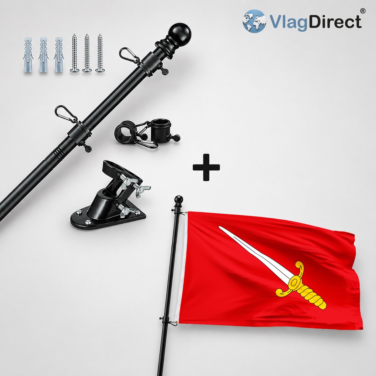 VlagDirect - Compleet vlaggenpakket - Zwarte vlaggenstok inclusief vlaggenstokhouder + Gemeente Chimay vlag - 90 x 150 cm.
