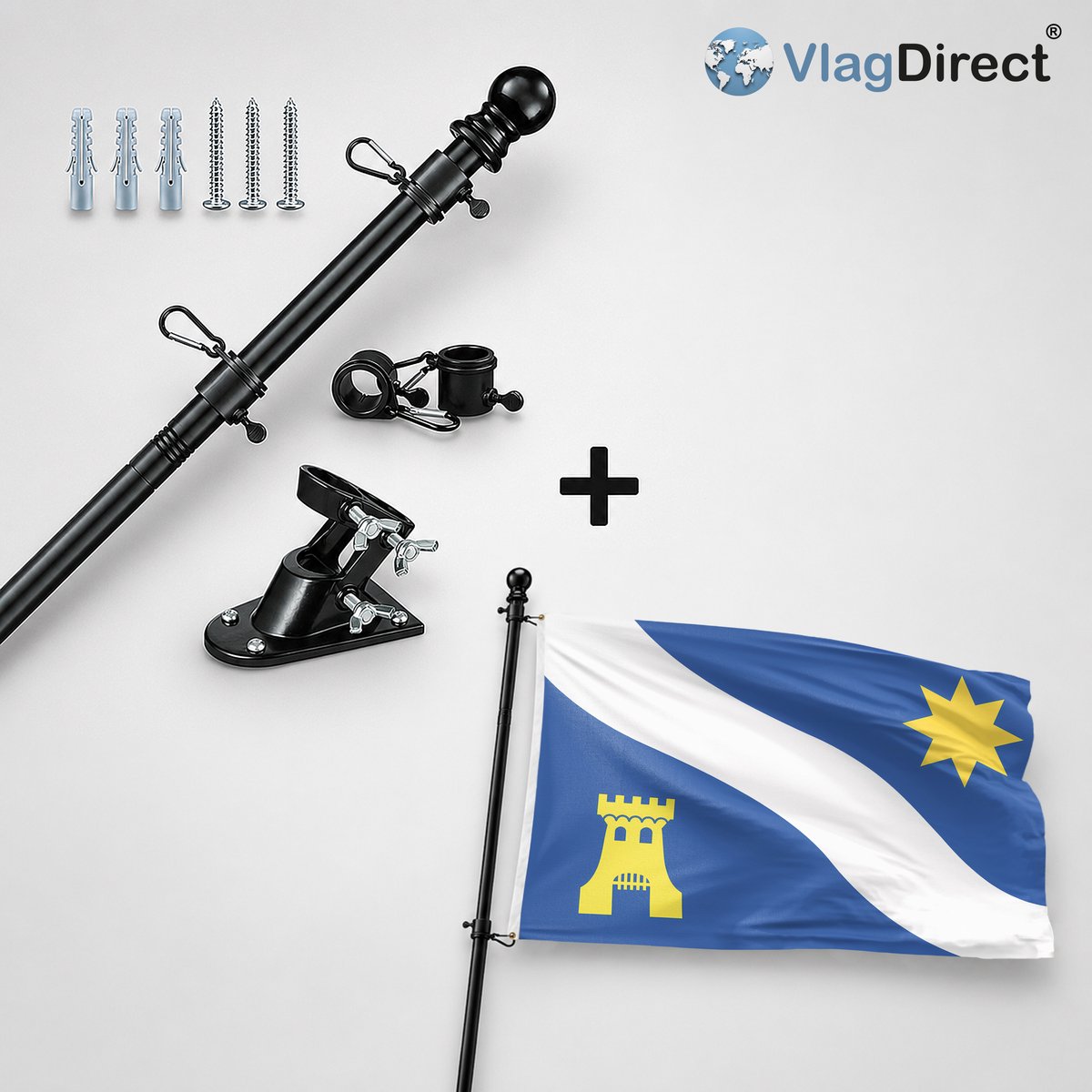 VlagDirect - Compleet vlaggenpakket - Zwarte vlaggenstok inclusief vlaggenstokhouder + Alphen aan den Rijn vlag - Gemeente Alphen aan den Rijn vlag - 90 x 150 cm.