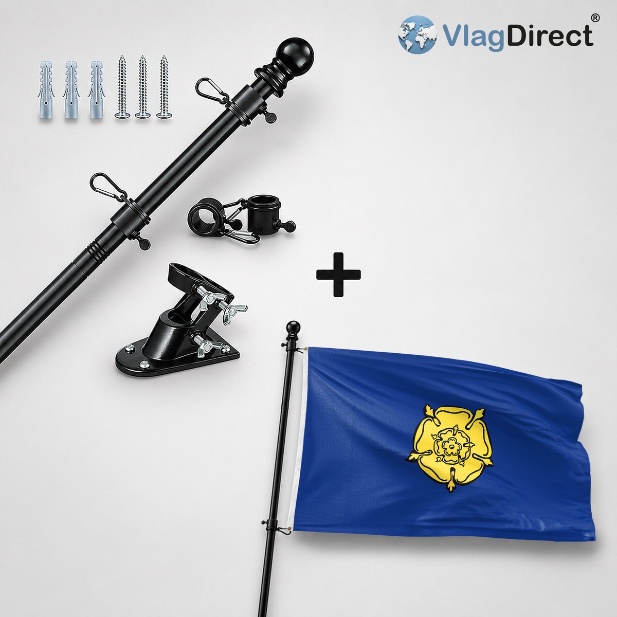 VlagDirect - Compleet vlaggenpakket - Zwarte vlaggenstok inclusief vlaggenstokhouder + Rozendaal vlag - Gemeente Rozendaal vlag - 90 x 150 cm.
