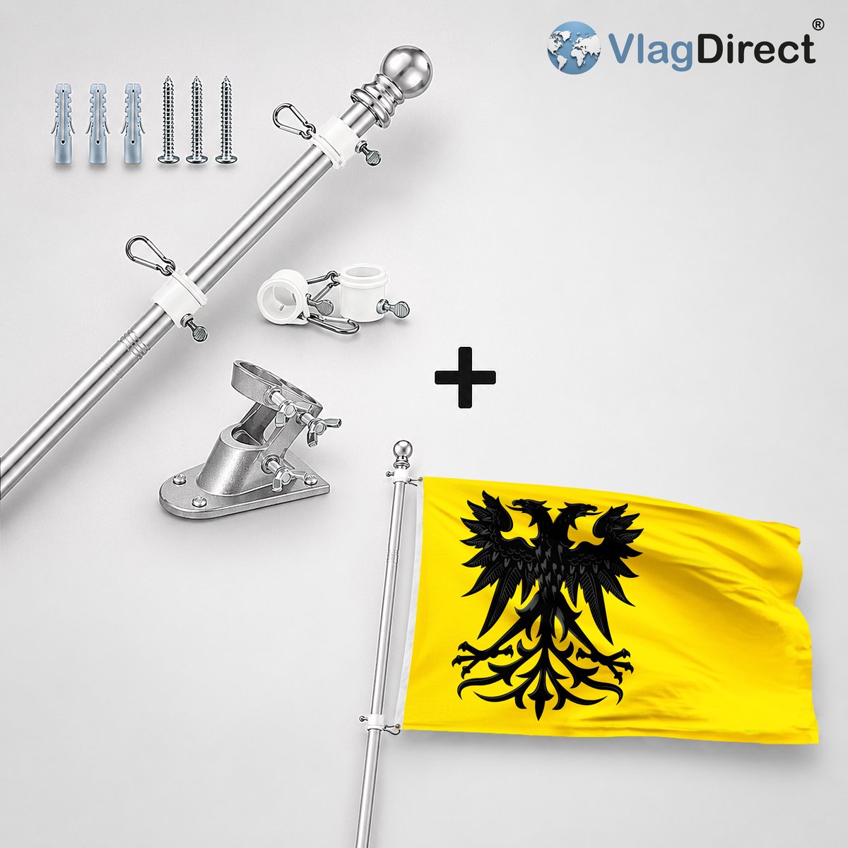 VlagDirect - Compleet vlaggenpakket - Zilveren vlaggenstok inclusief vlaggenstokhouder + Gemeente Frameries vlag - 90 x 150 cm.