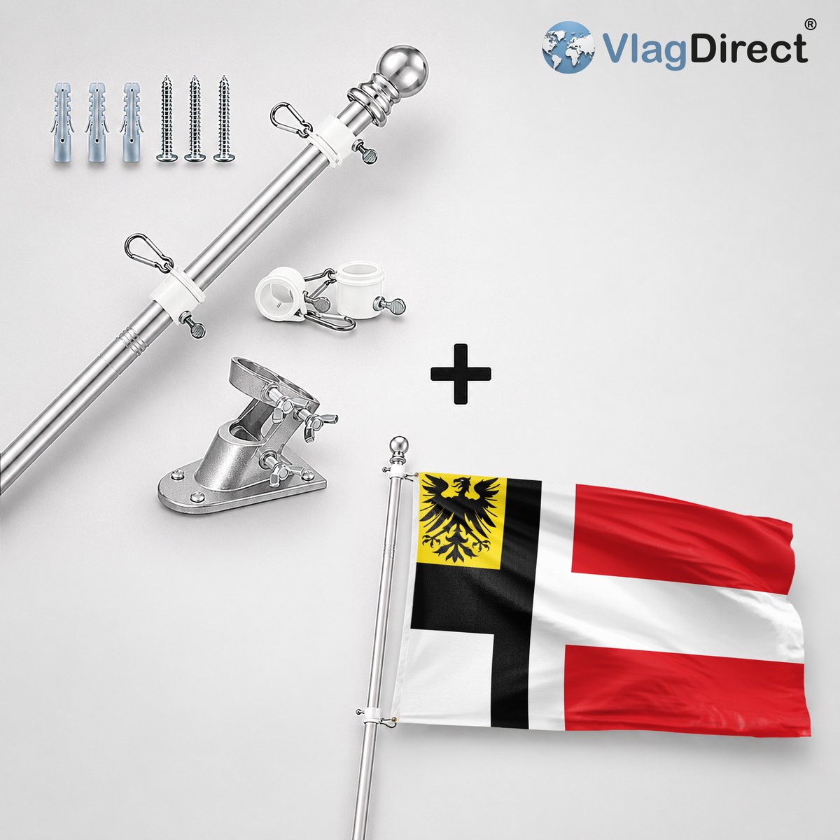VlagDirect - Compleet vlaggenpakket - Zilveren vlaggenstok inclusief vlaggenstokhouder + Gemert-Bakel vlag - Gemeente Gemert-Bakel vlag - 90 x 150 cm.