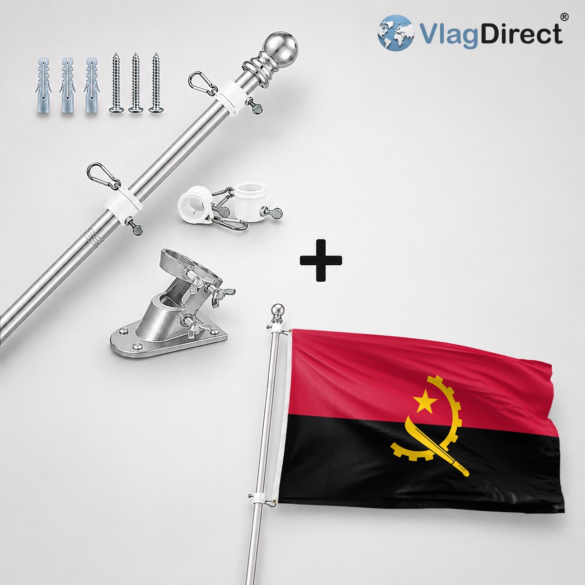 VlagDirect - Compleet vlaggenpakket - Zilveren vlaggenstok inclusief vlaggenstokhouder + Angolese vlag - Angola vlag - 90 x 150 cm.