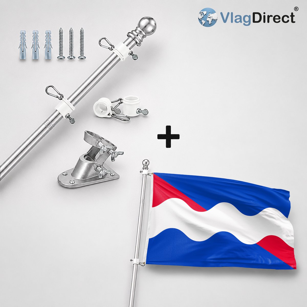 VlagDirect - Compleet vlaggenpakket - Zilveren vlaggenstok inclusief vlaggenstokhouder + Roerdalen vlag - Gemeente Roerdalen vlag - 90 x 150 cm.