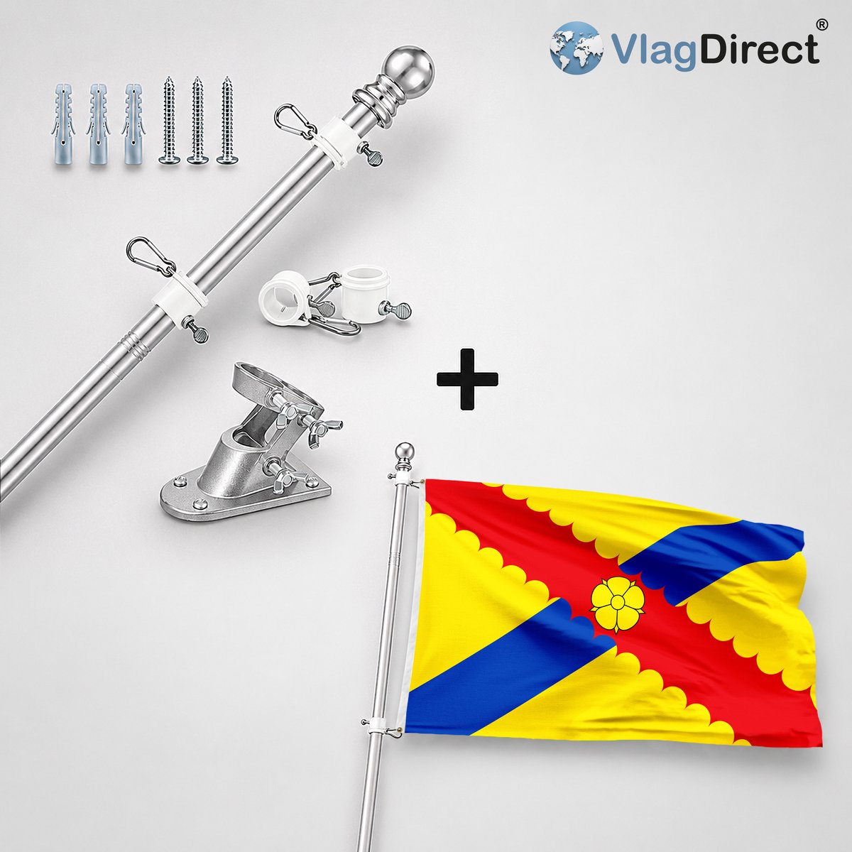 VlagDirect - Compleet vlaggenpakket - Zilveren vlaggenstok inclusief vlaggenstokhouder + Gemeente Hensies vlag - 90 x 150 cm.