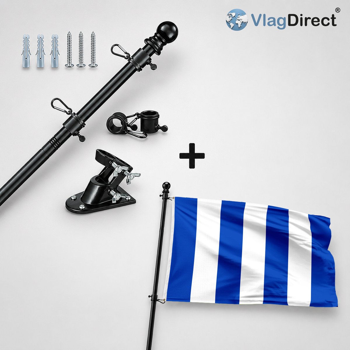 VlagDirect - Compleet vlaggenpakket - Zwarte vlaggenstok inclusief vlaggenstokhouder + Berlaarse vlag - Gemeente Berlaar vlag - 90 x 150 cm.