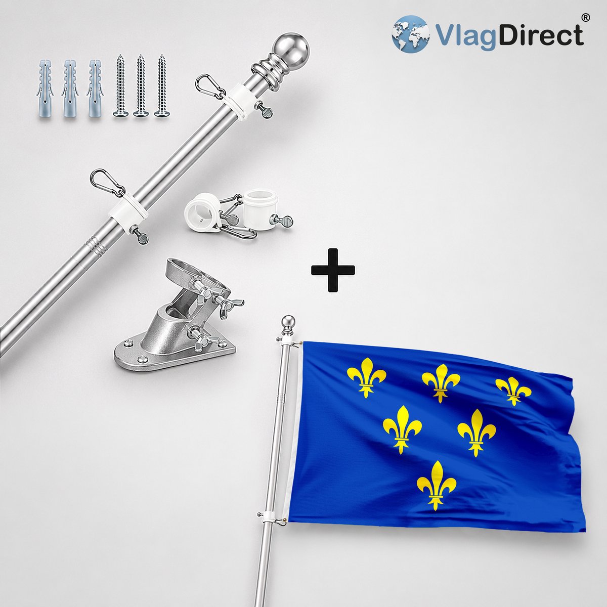 VlagDirect - Compleet vlaggenpakket - Zilveren vlaggenstok inclusief vlaggenstokhouder + Gemeente Donceel vlag - 90 x 150 cm.