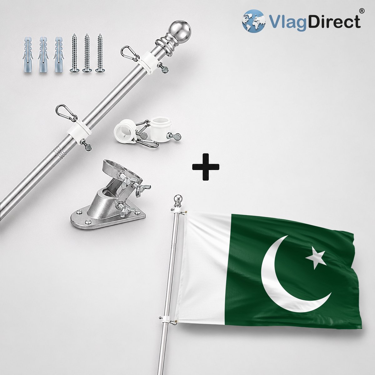 VlagDirect - Compleet vlaggenpakket - Zilveren vlaggenstok inclusief vlaggenstokhouder + Pakistaanse vlag - Pakistan vlag - 90 x 150 cm.