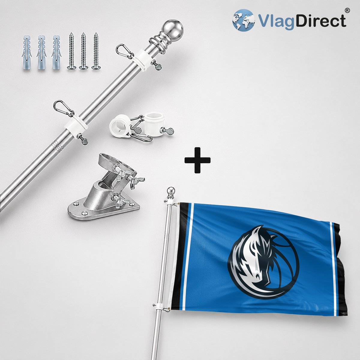 VlagDirect - Compleet vlaggenpakket - Zilveren vlaggenstok inclusief vlaggenstokhouder + Dallas Mavericks vlag - Dallas Mavericks basketbalteam vlag - 90 x 150 cm.
