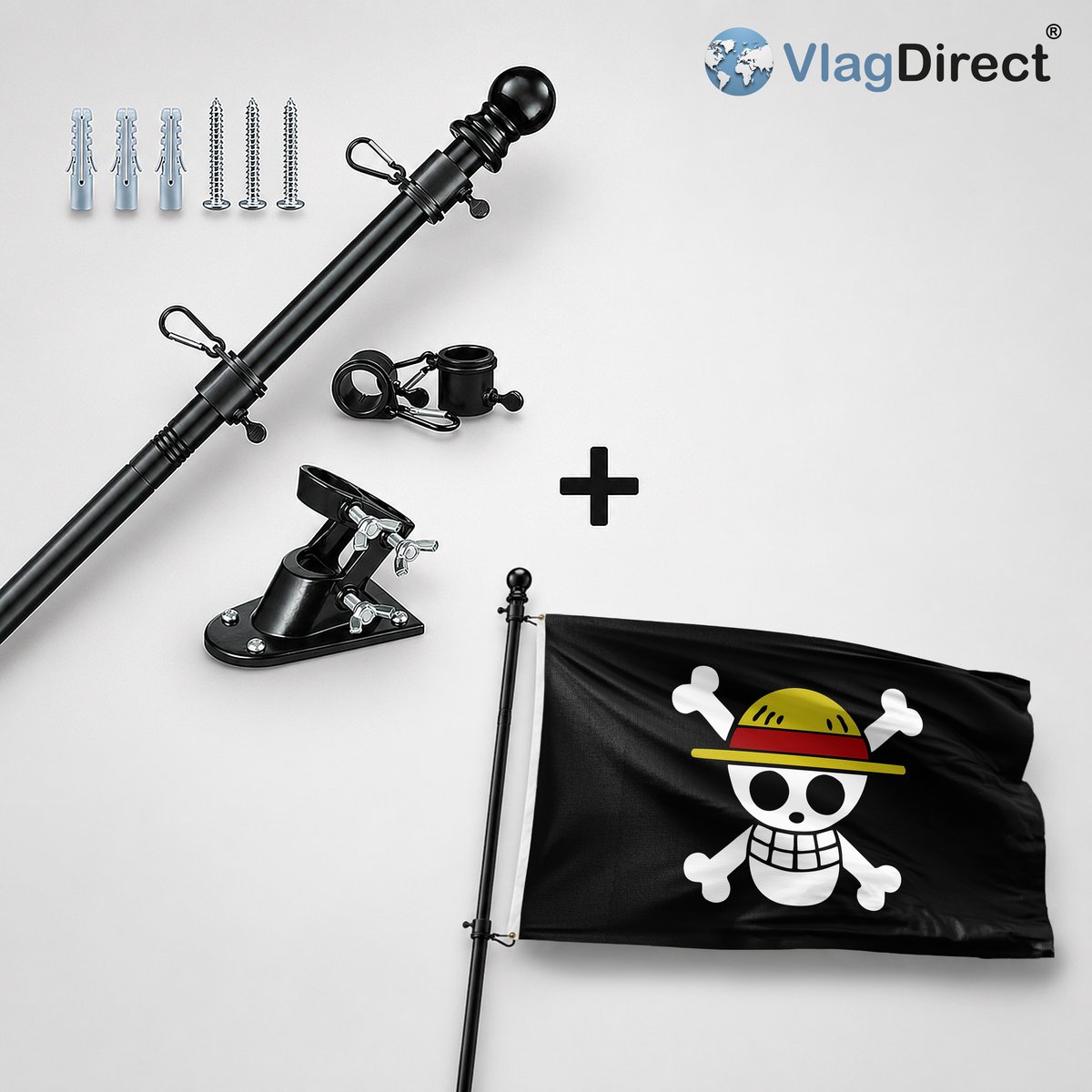 VlagDirect - Compleet vlaggenpakket - Zwarte vlaggenstok inclusief vlaggenstokhouder + One Piece vlag - Jolly Roger vlag - 90 x 150 cm.
