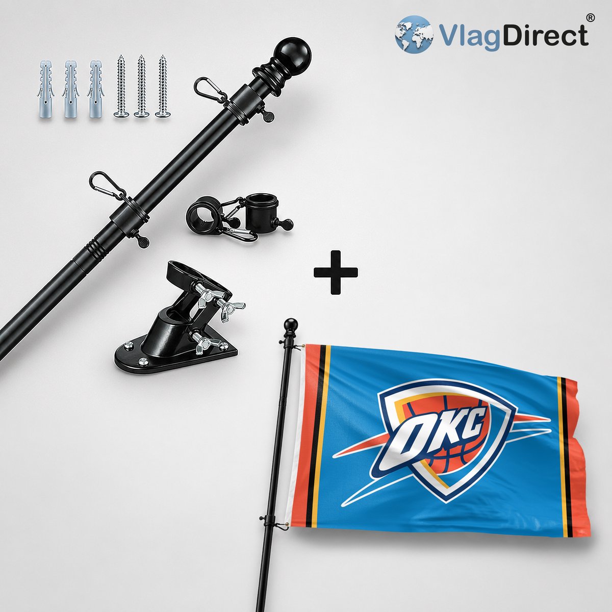VlagDirect - Compleet vlaggenpakket - Zwarte vlaggenstok inclusief vlaggenstokhouder + Oklahoma City Thunder vlag - Oklahoma City Thunder basketbalteam vlag - 90 x 150 cm.